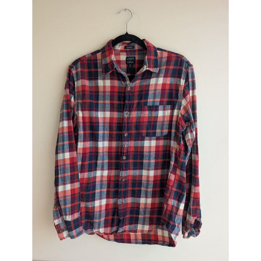J. Crew men's M classic fit flanel shirt red navy plaid 100% cotton button down
